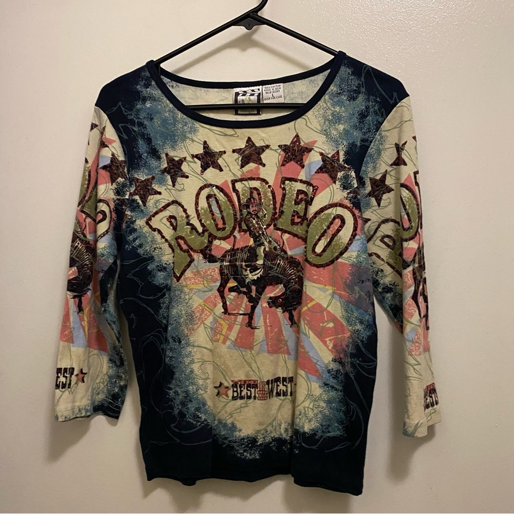 Take Two Womens Long Sleeve Rodeo Top Shirt Blouse L Jeweled Western Cowgitl